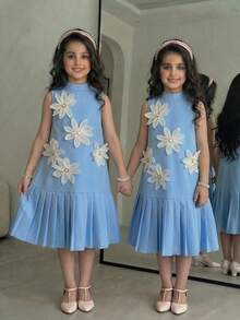 Girls' Elegant Sweet Sleeveless Mini Dress With Layered Ruffle Hem, White Bow Accent, Suitable For Summer, Luxury Party - Blue - View 6