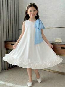 1pc Tween Girls Elegant Detachable Big Bow Decor Sleeveless A-Line Patchwork Lace Dress, Suitable For Daily, Party, Banquet, Spring/Summer - White - View 6
