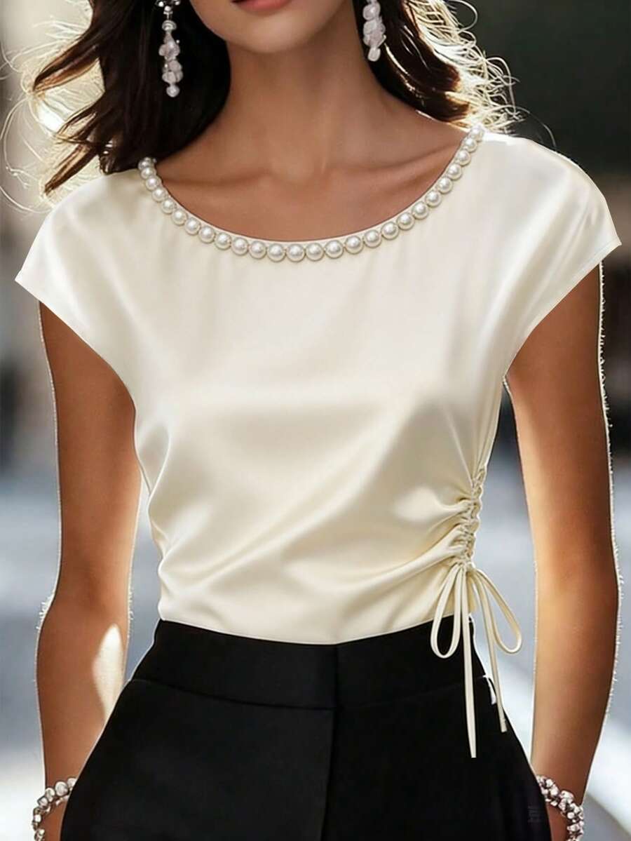 Balvessa Women's Round Neck Beaded Drawstring Short Sleeve Blouse - Apricot - View 1