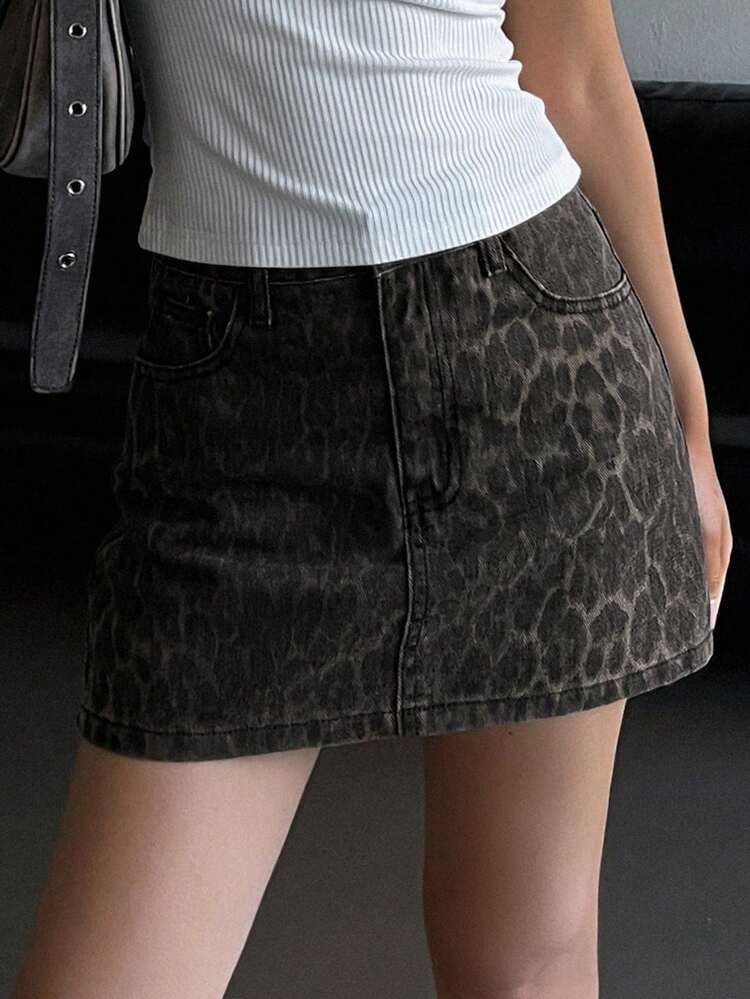 Women Casual Autumn Leopard Print Denim Mini Skirt Jeans Skirt