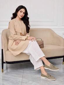 Sleekvia Ladies Round Toe Hand Sewn Daily Versatile Fashion Flat Shoes Suede High Vamp Pendant Commuter - Light Grey - View 2