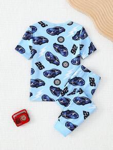 Conjunto de pijama infantil masculino minimalista com estampa de carro em desenho animado, manga longa, 2 peças, macio e confortável. - Azul - Ver 2