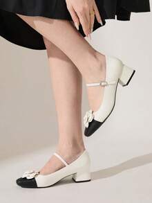 CUCCOO CHICEST Beige Floral Decor Chunky Heel Women Fashionable High Heel Pumps Spring Shoes Spring Break Easter Prom Heels For Christmas Elegant Shoes Wedding Shoes Spring Shoes Bride Shoes - Beige - View 4