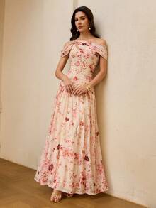 ZEYLAH Đầm cổ lệch in hoa thanh lịch, thích hợp cho mùa xuân/hè. - Hồng - Xem 6