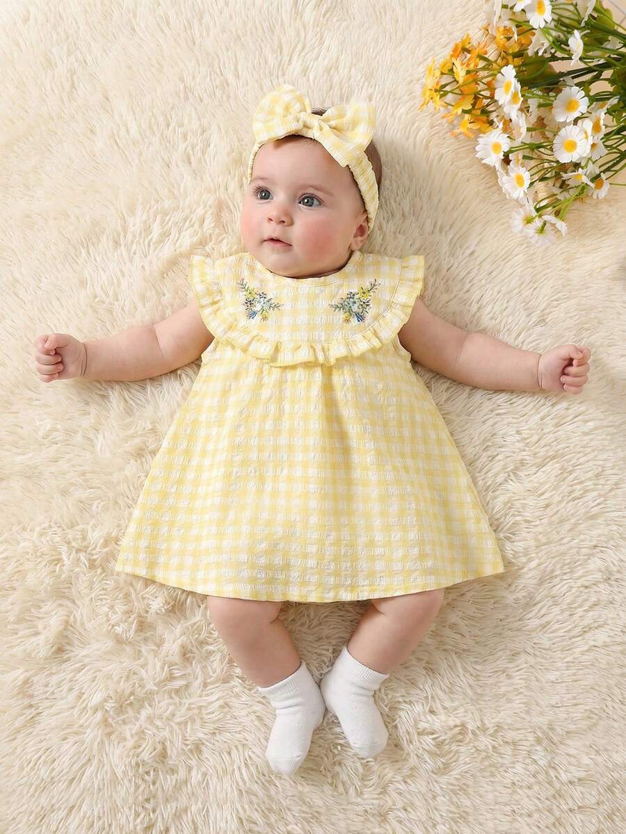 Newborn Baby Girls' Summer New Yellow & White Plaid Embroidered Ruffle Hem Dress + Bow Headband 2-Piece Elegant Outfit - Yellow - View 1