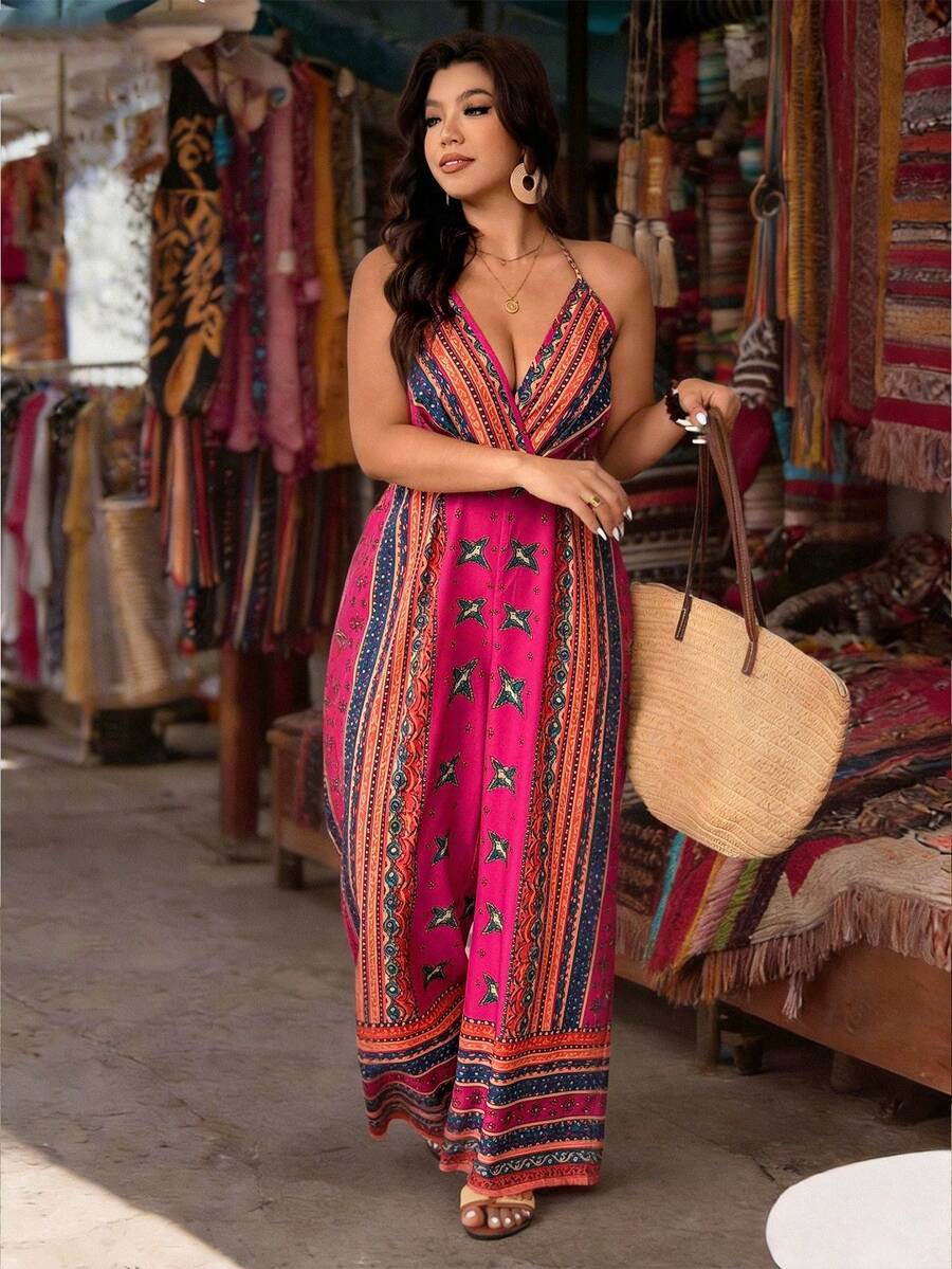Breezaya Große Größen Jumpsuit für Damen mit französischem Blumenmuster und Kreuzausschnitt, geeignet für den Sommer - Verschiedenfarbig - Übersicht 1