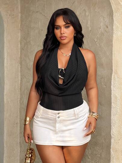 Rustia Casual Elegant Minimalist French Style Sleeveless Tie-Front Metal Decor Bodysuit, Fitted Jacquard Fabric, Summer Vacation, Plus Size Women