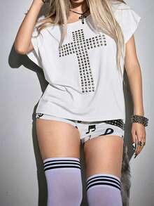 ROMWE Grunge Punk Y2K Punk Cross Rivet Design Laser Cut Loose Plus Size Women T-Shirt, Solid Color Versatile Gym Brown Summer - White - View 7
