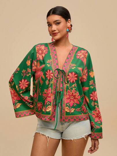 Travachic Camisa con estampado floral y nudo delantero, casual para vacaciones, talla grande