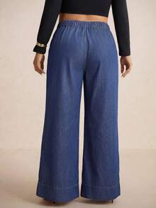 SHEIN Tall CURVE 大码女式休闲夏季高腰褶裥阔腿牛仔裤，浅蓝色牛仔优雅长裤，带口袋细节，女式褶裥口袋阔腿宽松休闲牛仔裤 - 藍色 - 查看 2