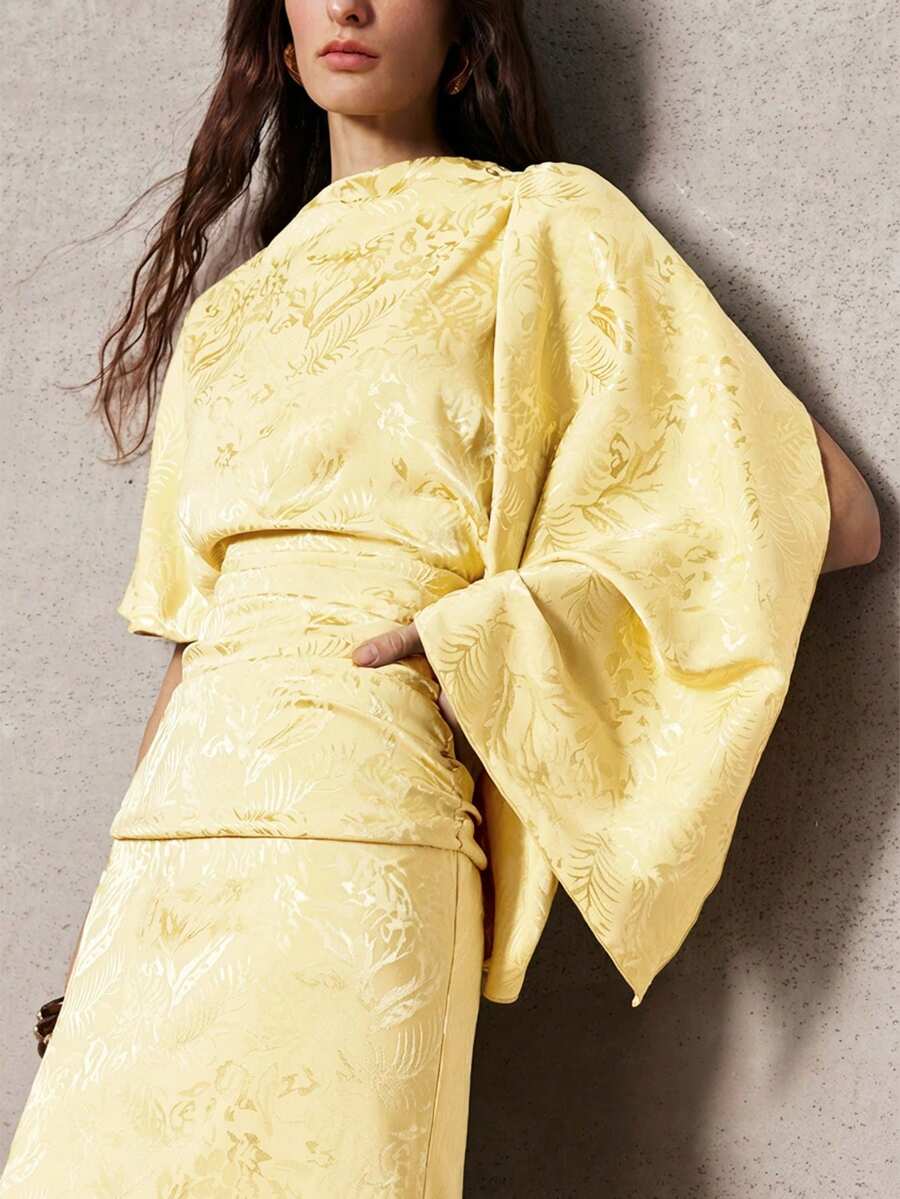 ZEYLAH Vestido ajustado de longitud media con hombro asimétrico de jacquard, primavera - Amarillo - Ver 1