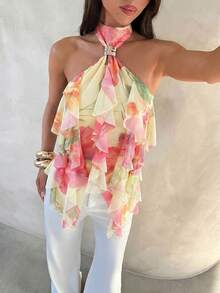 Aloruh Women's Sleeveless Halter Neck Floral Print Ruffle Hem Tank Top, Spring/Summer - Multicolor - View 6