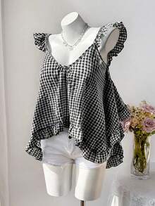 Sweetra Summer New Pink Plaid Asymmetrical Ruffle Design Fashionable Sleeveless Camisole - Black - View 5
