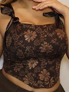 MelDlgn Plus Size Women Floral Jacquard Coffee Brown Camisole Tank Top,Valentine Day - Coffee Brown - View 4