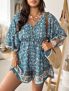 Vionelle Plus Size Casual Teal Ditsy Floral Lantern Sleeve Jumpsuit Boho Mini Dress,Women Summer Vacation Holiday Beach Outfits Resort Wear Beachwear Outfit - Multicolor - View 4