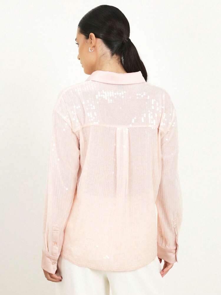 KSTM Women's Sheer Sequin Long Sleeve Collared Button Front Blouse With Sparkling Embellishments For Evening Party Occasions