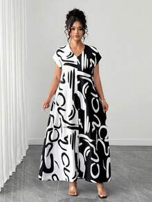 Vestido Largo Talla Grande Cuello V Manga Corta Estampado Contraste  Perfecto para Citas y Fiestas Casuales - Blanco y Negro - Ver 5