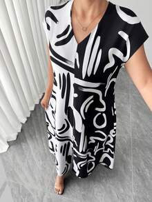 Vestido Largo Talla Grande Cuello V Manga Corta Estampado Contraste  Perfecto para Citas y Fiestas Casuales - Blanco y Negro - Ver 7