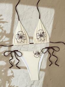 Bonvoyette 两件套印花三角挂脖性感比基尼套装，女士度假泳装 - 彩色 - 查看 3