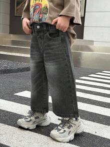 SHEIN Little Byeori 男童休闲水洗阔腿牛仔裤 - 黑色 - 查看 5
