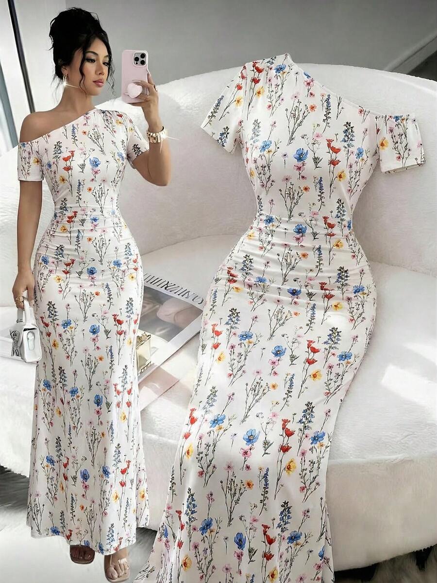 Elenzga Women's Yellow Floral Print Asymmetrical Shoulder Fitted Mid-Length Dress, Elegant For Spring/Summer Vacation - Multicolor - View 1