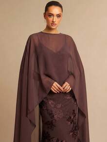 Silquee Đầm dạ hội sang trọng dành cho nữ, chất liệu chiffon, dây spaghetti, họa tiết jacquard. - Cà phê - Xem 5