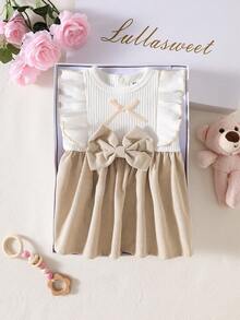Đầm sơ sinh bé gái màu trắng không tay cổ ren phối nơ hồng, kiểu dáng thanh lịch retro dễ thương, chất liệu vải thoải mái. - Màu be - Xem 6