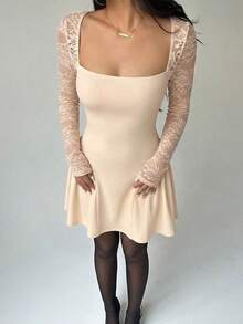 Aloruh Women's Square Neck Lace Patchwork Waist Ruched Flared Mini Dress - Apricot - View 3