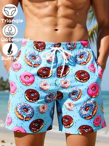 Surfspeed Men's Donut Print Drawstring Waist Beach Shorts - Blue - View 3