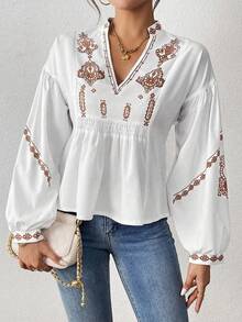 SHEIN LUNE Women's Shirred Graphic Print Long Sleeve Button Shirt Peplum Top - Khaki - View 5
