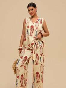Levarali Conjunto de 2 Peças Casual de Verão para Férias e Feriados Plus Size Feminino Bege, Camisa com Decote em V de Cor Sólida e Calça Pantalona com Estampa Floral, Conjunto Resort - Multicolorido - Visão 7