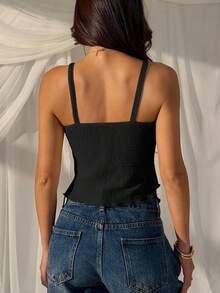 SHEIN EZwear Women's Black Summer Seksi Chic Night Out Camisole Top,Solid Color Pleated Cute Heart Shape Cami With Built In Bra, Casual Versatile Daily Wear - Black - View 3