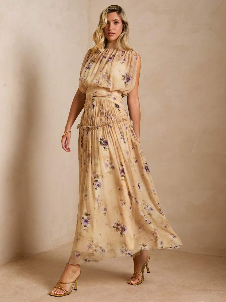 Enchnt 女士法式碎花休闲无袖收腰连衣裙 - 黃色 - 查看 1