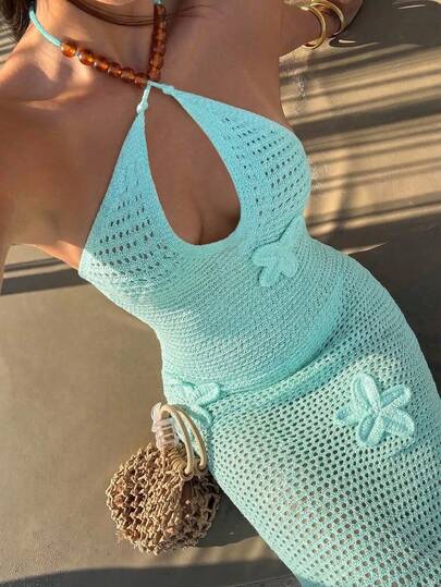 Sunnyshic Women's Blue Hollow-Out Crochet Floral Vacation Style Beaded Dress, Versatile For Summer