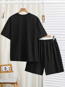 SHEIN Teenager Jungen Casual Set aus Buchstaben-Muster Rundhals Kurzarm Top und Shorts, 2 Stücke Freizeitanzug - Schwarz - Übersicht 2