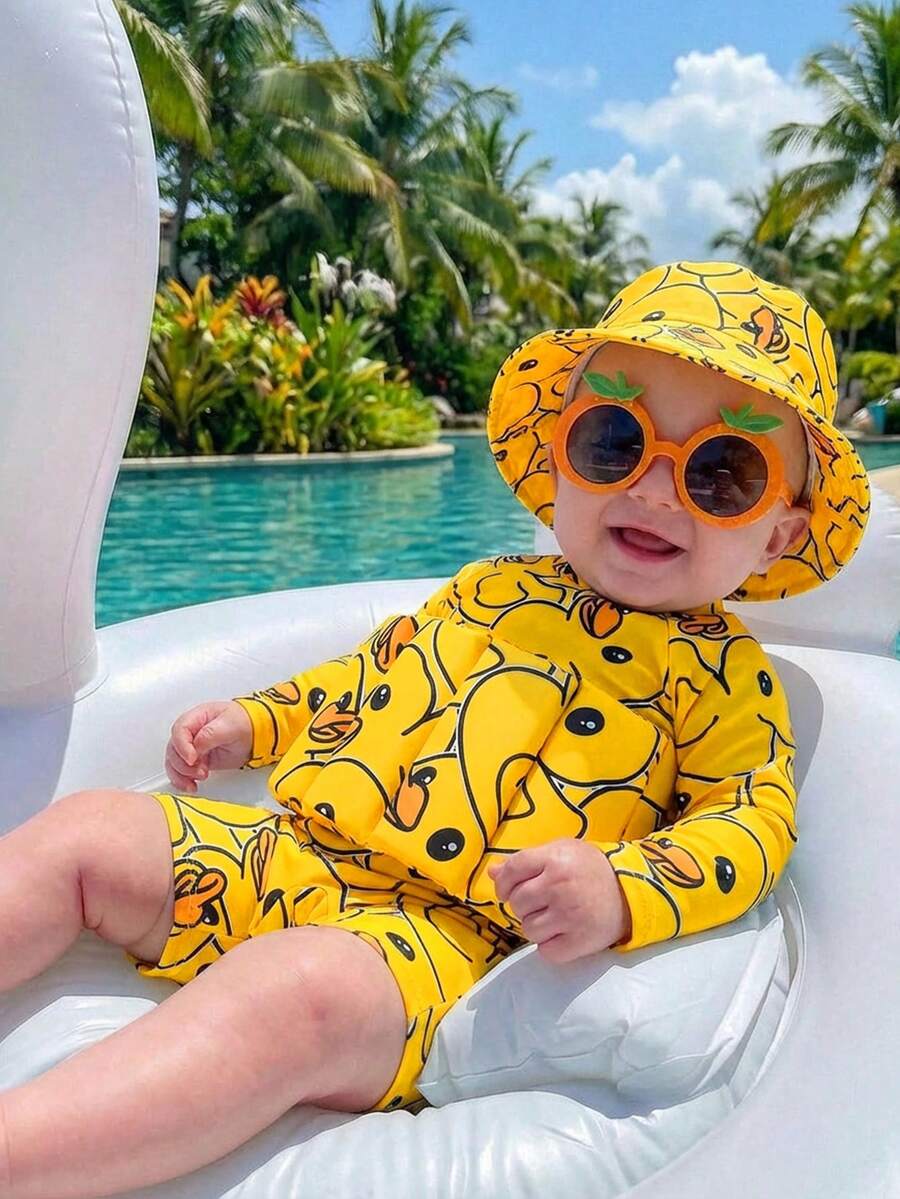 SHEIN Bubblio Unisex Baby Cute Duck Pattern Long Sleeve Rash Guard, Buoyancy Swimsuit, Sun Protection Swimwear, Suitable For Swimming, Beach, And Vacation Baby Duck Print Swimwear Toddler Yellow Bathing Suit - Yellow - View 1