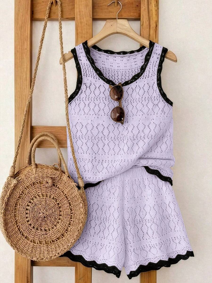 SHEIN Franclia 新款简约夏日度假风优雅镂空波浪领性感吊带修身连衣裙，撞色针织背心无袖毛衣两件套，春夏款 - 紫色 - 查看 1