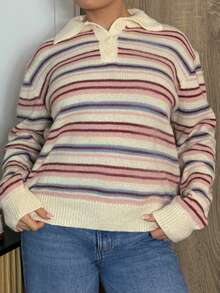 Bethéva Suéter casual versátil con cuello polo y bloques de color a rayas - Multicolor - Ver 3