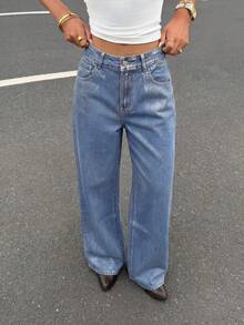 SHEIN ICON Women's Straight Loose Casual Versatile Jeans With Pockets - Blue - View 1