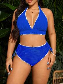 SHEIN Swim Curve 大码女士性感比基尼两件套泳衣，特殊面料花卉饰边，沙滩派对度假泳装 - 寶藍色 - 查看 1