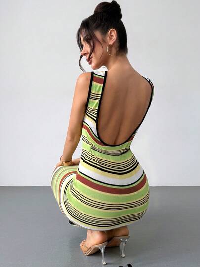 Firerie 女士新款海岸风系带针织连衣裙，女士条纹连衣裙，女士系带连衣裙，多色条纹连衣裙，针织连衣裙，超长连衣裙，休闲日常连衣裙，春夏服装，优雅，通勤，约会，工作装，返校季，波西米亚风，度假，海滩风，舒适