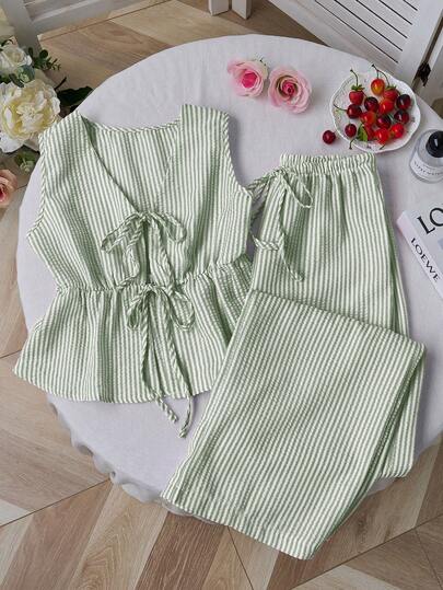 Sweetra European And American Summer New Pink Striped Lace-Up Minimalist Casual Straight Leg Pants, Women 2 Pieces Set