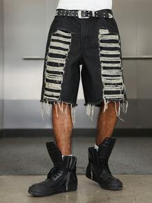 Manfinity EMRG Distressed Denim Shorts, Unisex American Casual Style - Black - View 6