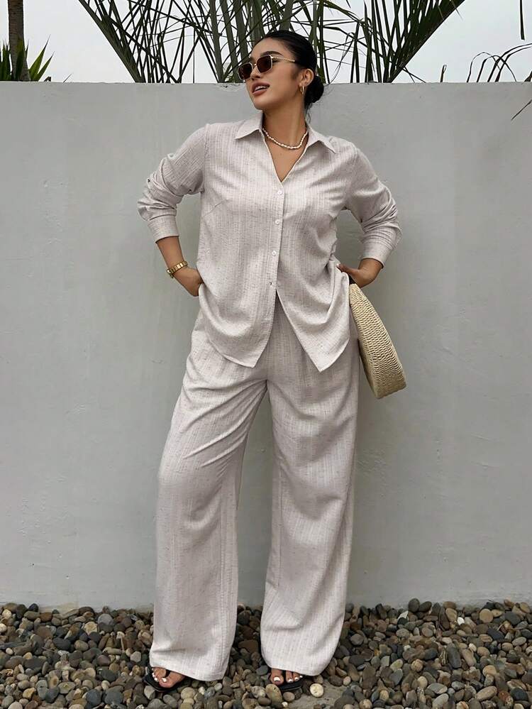 Dazy Plus Striped Casual Loose Long Sleeve Shirt Top And Long Pants 2-Piece Set, Vacation Style, Plus Size Women Spring/Autumn Summer Lounge Sets For Women