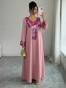 Yasmyna Women's Colorful Floral Beaded Patchwork Loose Elegant Arabic Style Dress - Multicolor - View 4