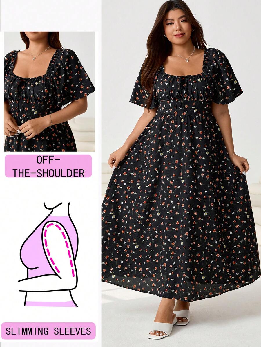 Solflare Đầm ngắn tay cổ vuông in hoa cỡ lớn - Nhiều màu - Xem 1