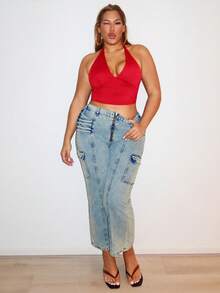 MelDlgn Plus Size Sexy Solid Color Halter Backless Camisole Top, Summer - Red - View 4