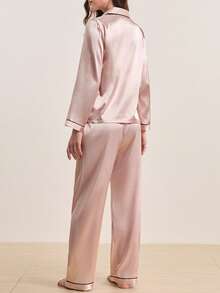 Contrast Piping Satin Top & Pants PJ Set / Pajama Set, Fall Clothes Cozy And Elegant Details, Winter - Champagne - View 2