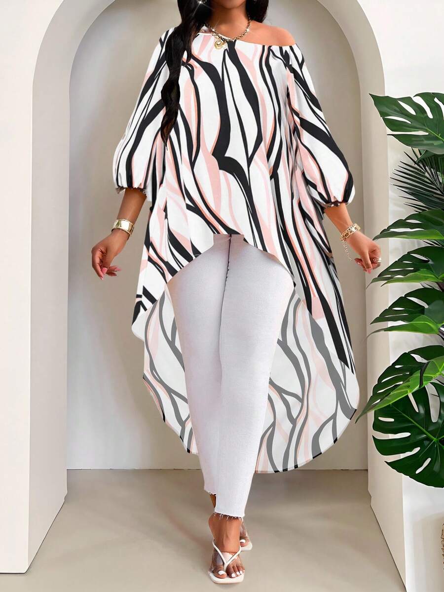 SHEIN Lady 春夏优雅通勤办公休闲波西米亚风彩色编织圆领高低袖七分袖大码衬衫 - 彩色 - 查看 1