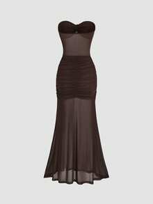 Sweetra 新款春夏网纱连衣裙，适合度假穿着 - 棕色 - 查看 2